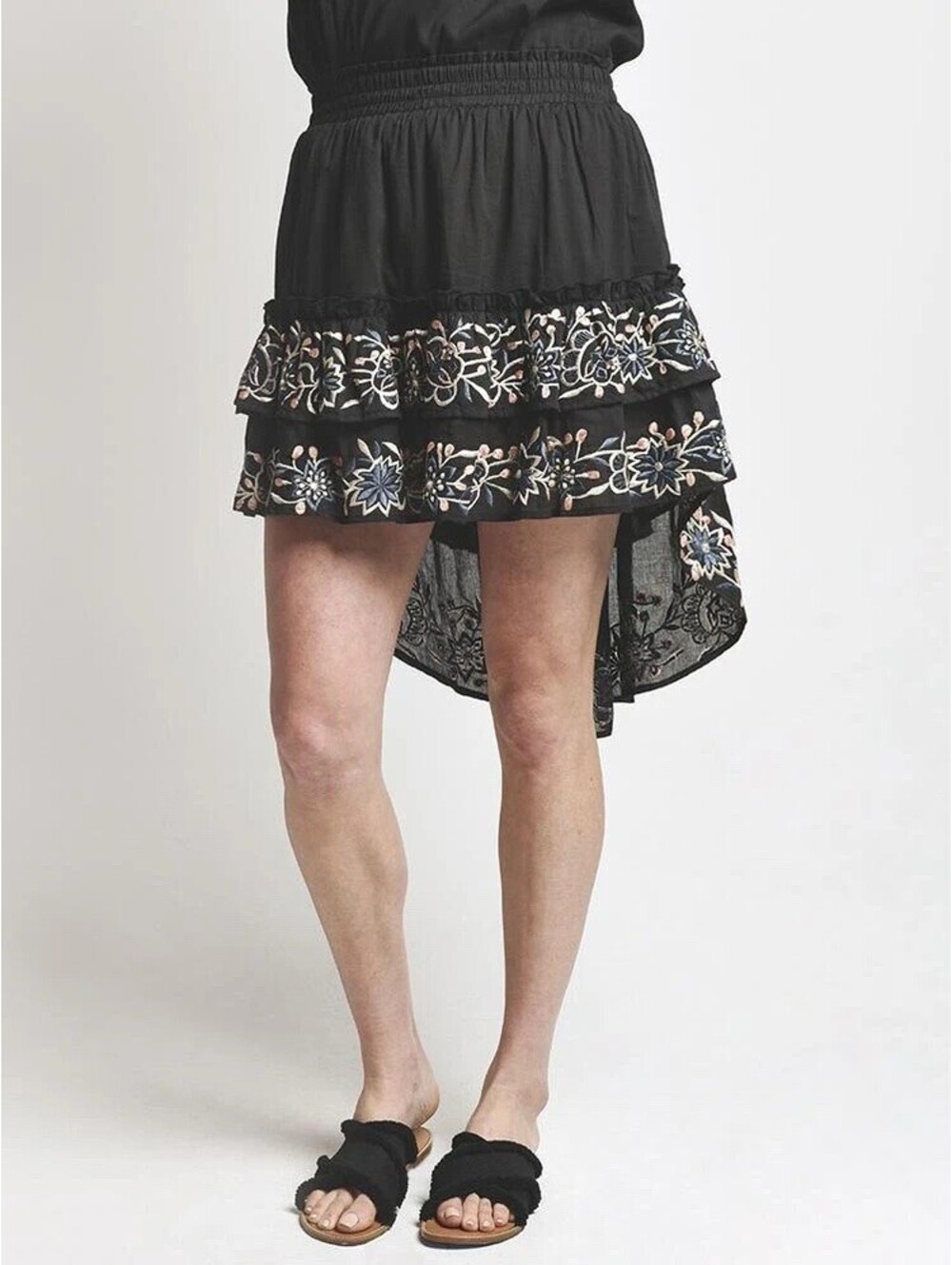 MISA LOS ANGELES NWOT Breanna Cotton Embroidered Boho Hi-Low Skirt In Black-XS